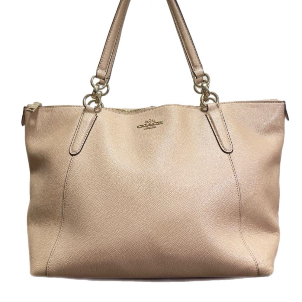 Coach Tan Leather Tote with Structured Design and Metallic Accents